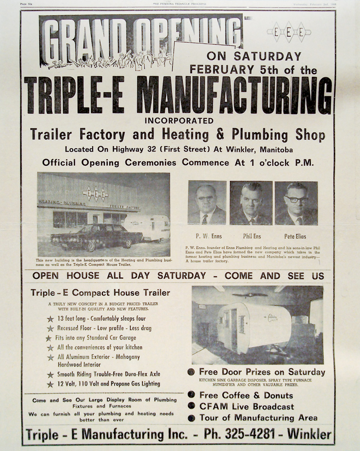 newspaper ad for the grand opening of Triple-E Manufacturing